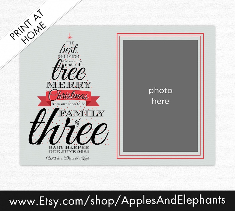 Family of Three Red Christmas Tree Pregnancy Announcement Card Etsy