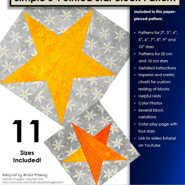 Pattern: Simple 5-Pointed Star Block (11 Sizes included)