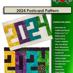 May include: A digital download pattern for a 2024 postcard quilt block. The pattern includes instructions for traditionally pieced and paper pieced versions, with and without seam allowances. The pattern also includes a supply list, three postcard back printout pages, detailed instructions, embellishment inspiration, helpful hints, color photos, and several block variations.