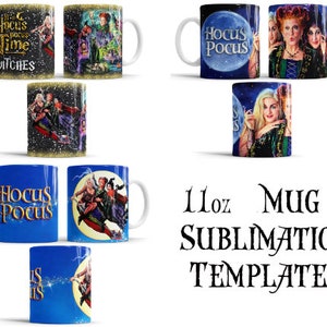 Op de afbeelding: Set van 11 ounce witte keramische mokken met sublimatieontwerpen met personages uit de film Hocus Pocus. De ontwerpen omvatten de Sanderson-zussen, een maan met de tekst "Hocus Pocus" en de tekst "It's Hocus Pocus Time Witches".