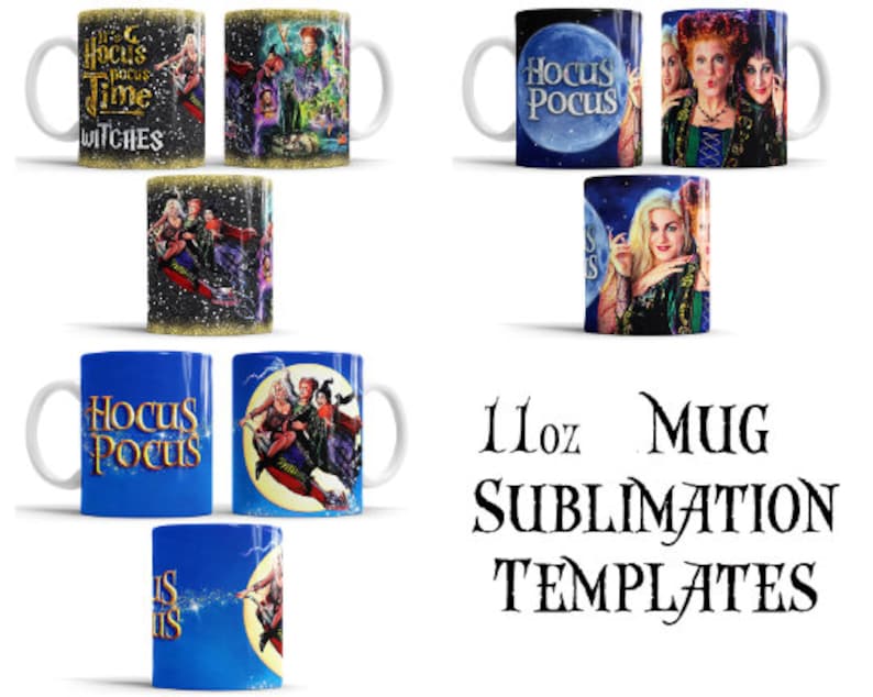 Op de afbeelding: Set van 11 ounce witte keramische mokken met sublimatieontwerpen met personages uit de film Hocus Pocus. De ontwerpen omvatten de Sanderson-zussen, een maan met de tekst "Hocus Pocus" en de tekst "It's Hocus Pocus Time Witches".