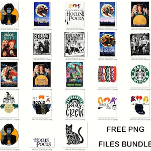 Op de afbeelding: Een verzameling van 26 digitale afbeeldingen met de personages uit de film Hocus Pocus. De afbeeldingen bevatten verschillende ontwerpen met de personages, tekst en Halloween-thema's. De afbeeldingen zijn gratis te downloaden.
