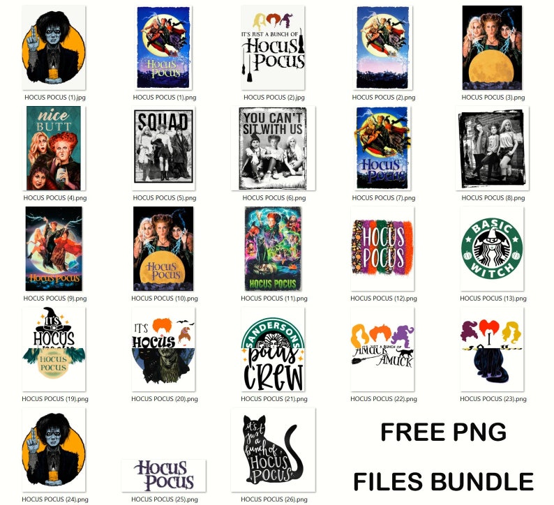 Op de afbeelding: Een verzameling van 26 digitale afbeeldingen met de personages uit de film Hocus Pocus. De afbeeldingen bevatten verschillende ontwerpen met de personages, tekst en Halloween-thema's. De afbeeldingen zijn gratis te downloaden.