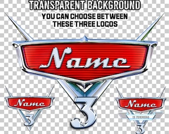 Cars-logo met aangepaste naam, gepersonaliseerde png, logo verjaardagsfeestje, taarttopper, borden, T-shirt, digitale download