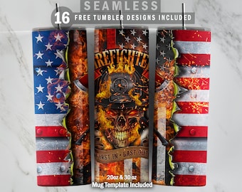 Fire Fighter Skull USA Flag, 20oz & 30oz Skinny Tumbler, Mug Template for Sublimation, Tumbler Wrap, PNG Instant Digital Download