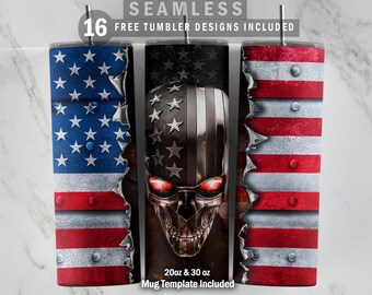 Skull Patriotic Metal USA Flag, 20oz & 30oz Skinny Tumbler, Mug Template for Sublimation, Tumbler Wrap, PNG Instant Digital Download