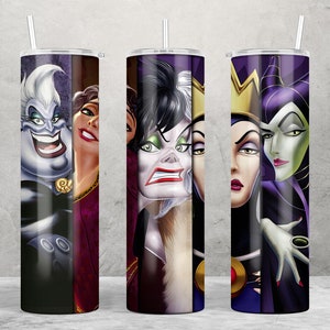 May include: Three stainless steel tumblers with images of Disney villains Ursula, Cruella de Vil, and Maleficent. The tumblers are purple, black, and white.