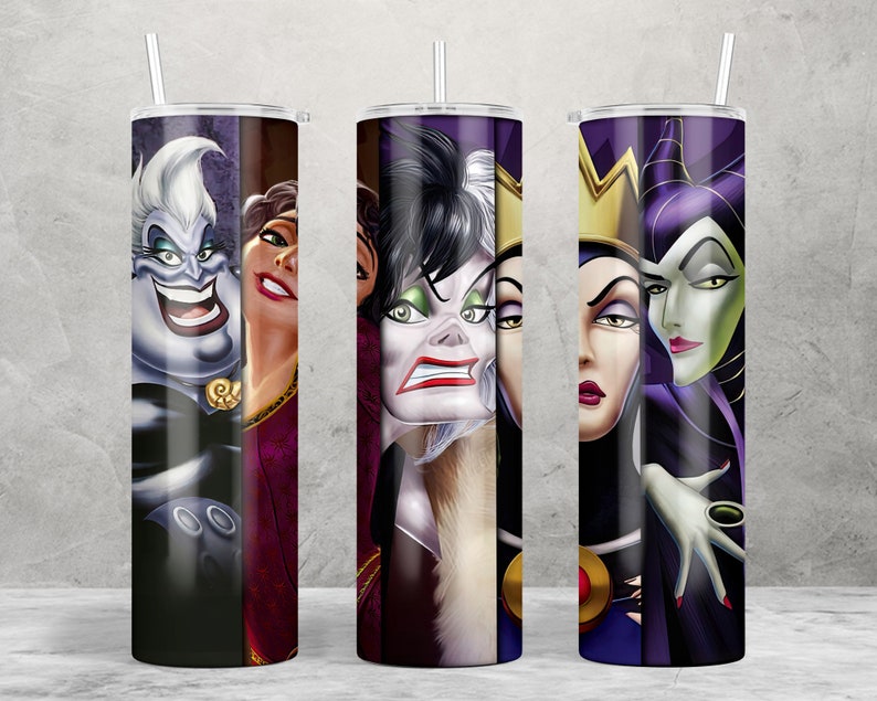 May include: Three stainless steel tumblers with images of Disney villains Ursula, Cruella de Vil, and Maleficent. The tumblers are purple, black, and white.