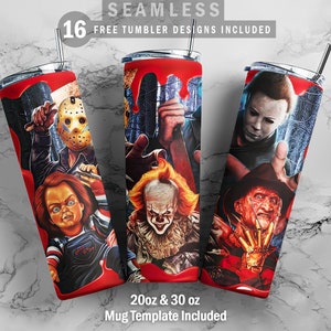 May include: Set of three 20 oz and 30 oz stainless steel tumbler designs featuring horror movie characters. The designs include Freddy Krueger, Jason Voorhees, and Pennywise. The tumblers are seamless and have a red drip effect.