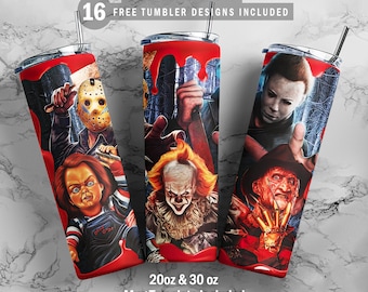 Horror Movies Icons, 20oz & 30oz Skinny Tumbler, Plus Mug Template for Sublimation, Tumbler Wrap, PNG Instant Digital Download