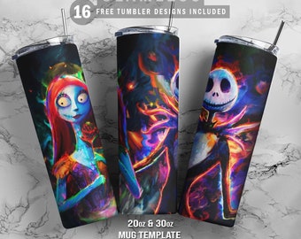 Jack Sally Nightmare Before Christmas, 20oz & 30oz Skinny Tumbler, Mug Template for Sublimation, Tumbler Wrap, PNG Instant Digital Download