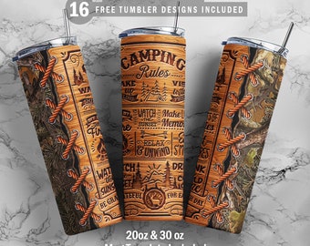 Camping Rules Carved Wood Effect, 20oz & 30oz Skinny Tumbler, Mug Template for Sublimation, Tumbler Wrap, PNG Instant Digital Download