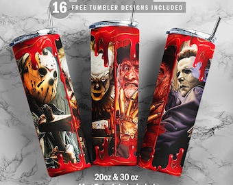 Horror Movies Icons, 20oz & 30oz Skinny Tumbler, Mug Template for Sublimation, Tumbler Wrap, PNG Instant Digital Download