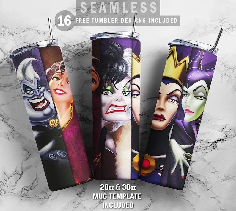 May include: Three 20 oz and 30 oz stainless steel tumblers with images of Disney villains: Ursula, Cruella de Vil, and Maleficent.  The tumblers are purple with gold accents.  The text "SEAMLESS" and "16 FREE TUMBLER DESIGNS INCLUDED" is at the top of the image.  The text "20oz & 30oz MUG TEMPLATE INCLUDED" is at the bottom of the image.