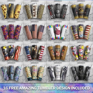 May include: A set of 16 free tumbler designs. The designs include a variety of themes, such as sunflowers, American flags, teacher-themed designs, and skulls. The designs are all in a variety of colors and patterns.