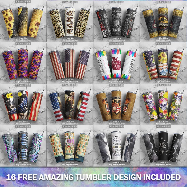 May include: A set of 16 free tumbler designs. The designs include a variety of themes, such as sunflowers, American flags, teacher-themed designs, and skulls. The designs are all in a variety of colors and patterns.