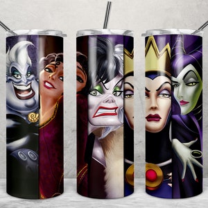 May include: Three stainless steel tumblers with images of Disney villains. The first tumbler features Ursula and the Evil Queen from Snow White. The second tumbler features Maleficent from Sleeping Beauty. The third tumbler features Cruella de Vil from 101 Dalmatians.