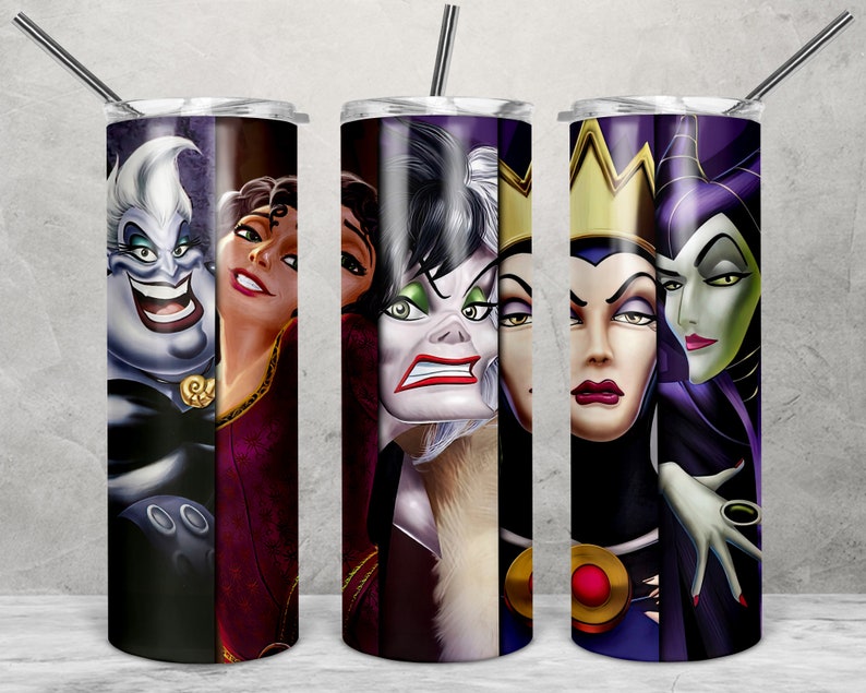 May include: Three stainless steel tumblers with images of Disney villains. The first tumbler features Ursula and the Evil Queen from Snow White. The second tumbler features Maleficent from Sleeping Beauty. The third tumbler features Cruella de Vil from 101 Dalmatians.