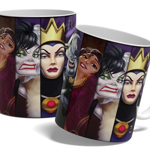 May include: White ceramic mug with a colorful illustration of Disney villains, including Maleficent, Cruella de Vil, and Ursula. The mug features a purple, black, and white color scheme.