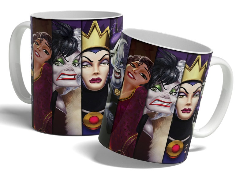 May include: White ceramic mug with a colorful illustration of Disney villains, including Maleficent, Cruella de Vil, and Ursula. The mug features a purple, black, and white color scheme.