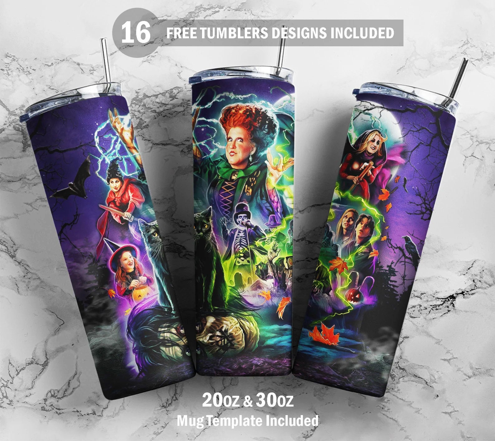 Hocus Pocus Sanderson Sisters, 20oz & 30oz Skinny Tumbler, Plus Mug Template for Sublimation, Tumbler Wrap, PNG Instant Digital Download