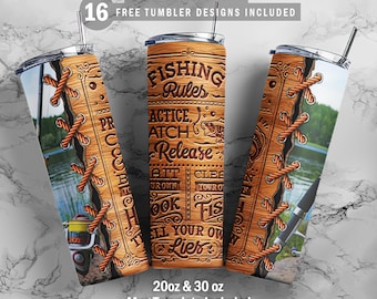 Fishingñ Rules Carved Wood Effect, 20oz & 30oz Skinny Tumbler, Mug Template for Sublimation, Tumbler Wrap, PNG Instant Digital Download