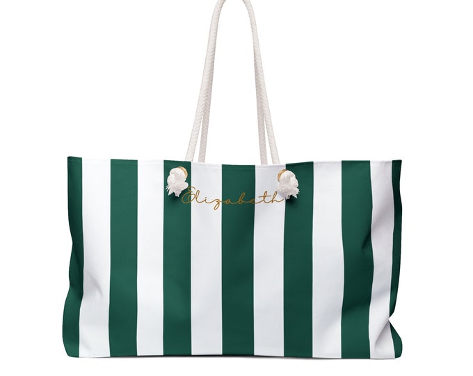 Cabana Tote, Custom Beach Bag, Cabana Bag, Personalized Tote Bag, Green and White Striped Tote Bag, Beach Pool Gift, Present