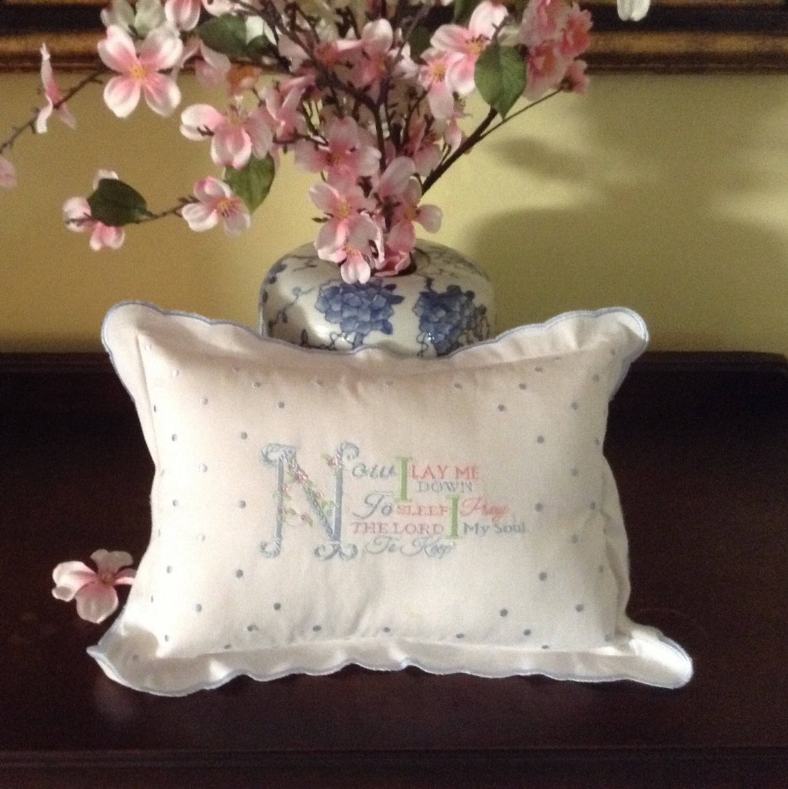 Nursery Pillow for a Baby Girl or Child ,embroidered With Baby Blue
