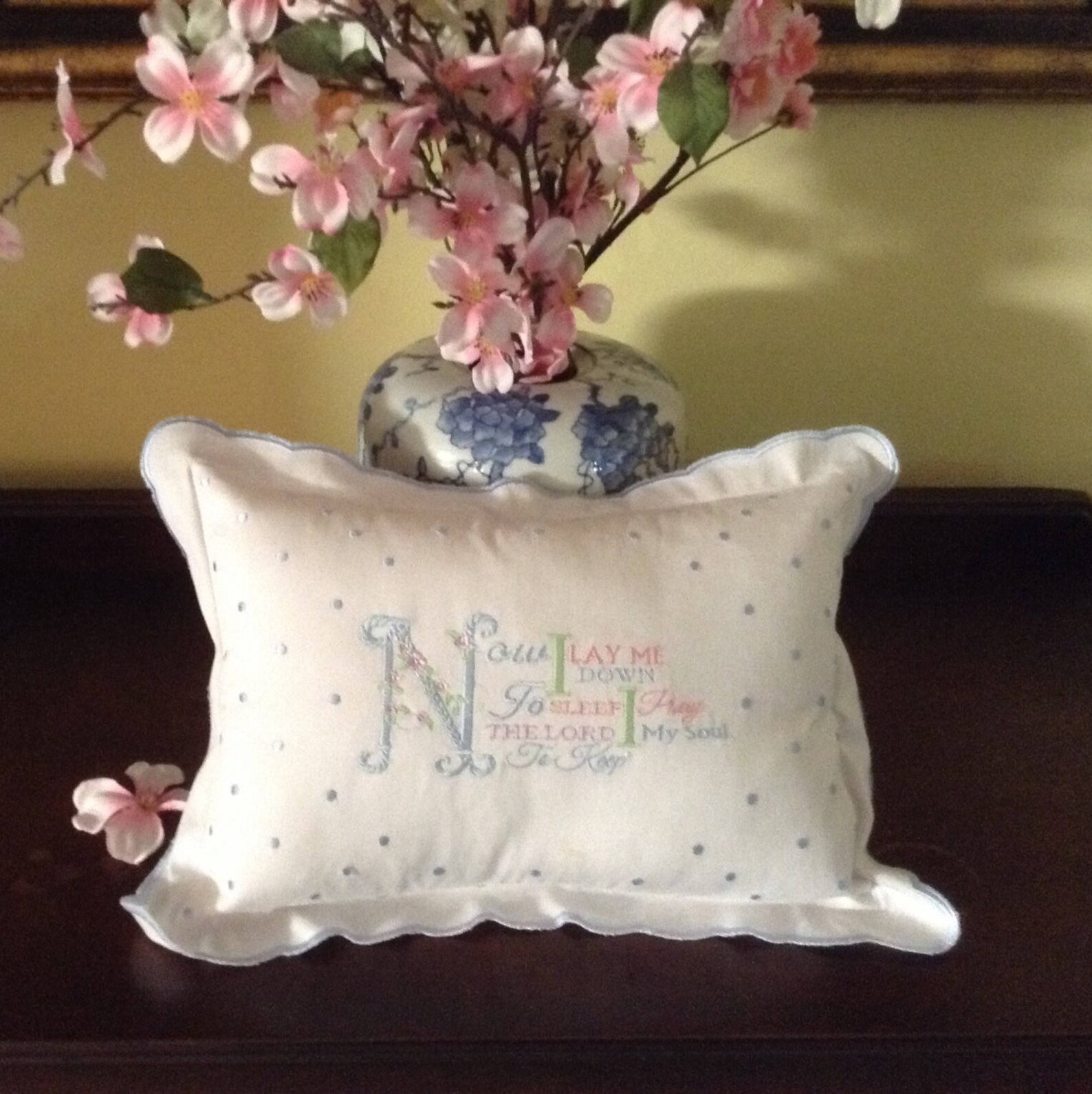 Nursery Pillow for a Baby Girl or Child ,embroidered With Baby Blue