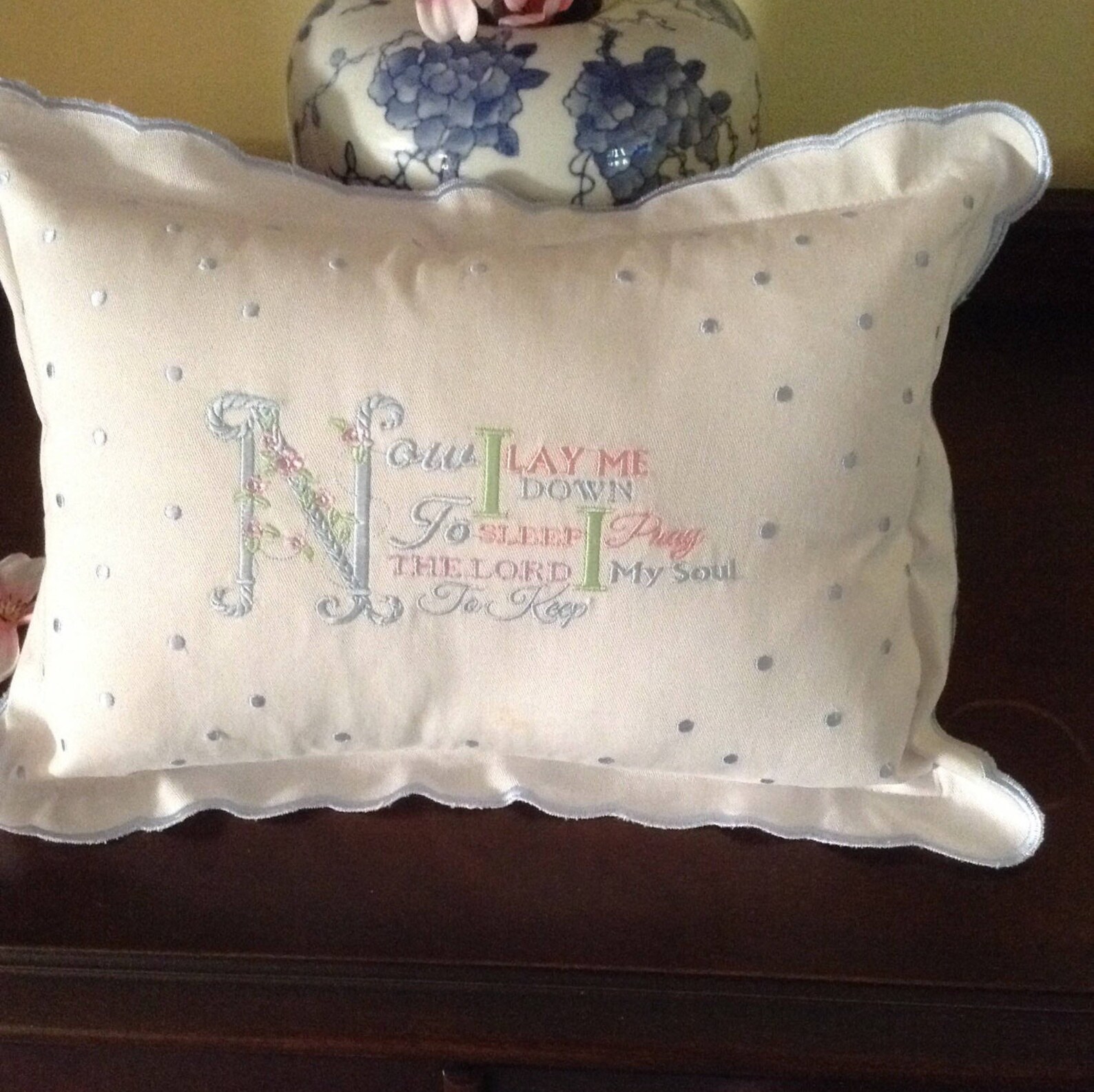 Nursery Pillow for a Baby Girl or Child ,embroidered With Baby Blue