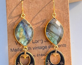 Labradorite  and Japanese landscape Earrings