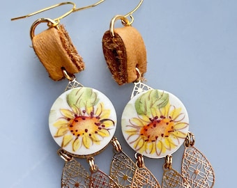 Sweet hand painted porcelain sunflower Earrings