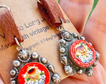 Micromosaic and leather earrings