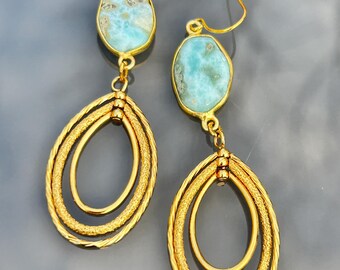 Larimar and up cycled modern gold element Earrings