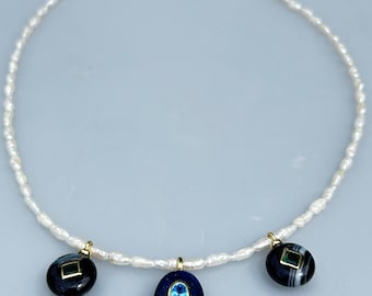 Modern mixed gemstone pendants with antique pearls necklace