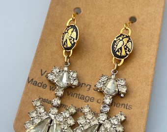 Antique earrings with rhinestones and Damascene
