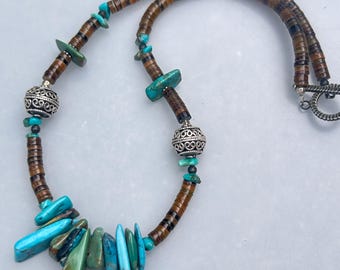 Native American pen shell turquoise and Sterling Bali beaded necklace