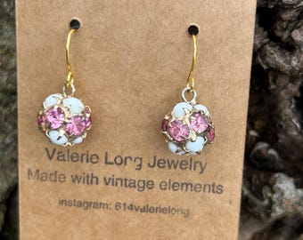 Pretty pink and white vintage rhinestone earrings