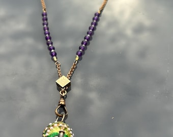Vintage Russian enamel peacock egg with Antique Victorian, slide neck necklace