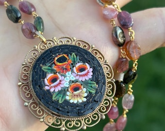 Micromosaic and tumbled tourmaline necklace