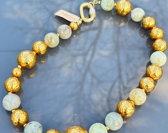 Aquamarine and hammered gold bead carabiner necklace