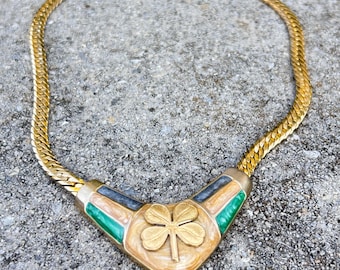 Mid-century enamel collar necklace with Antique Shamrock