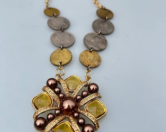 Vintage coin and rhinestone pendant necklace