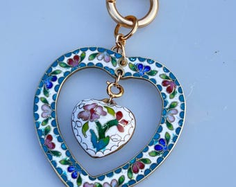 Pretty cloisonné Heart Necklace with freshwater pearls and Tourmaline