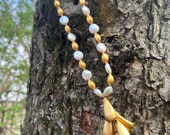 Silky gold bead and pearl waterfall necklace