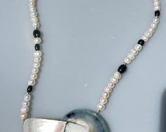 Nautilus Shell pearls and Sapphire necklace
