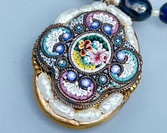 Micromosaic locket necklace with antique sapphires and pearls