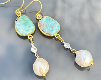 Larimar and freshwater pearl earrings