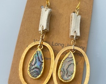 Abalone and leather hoop earrings