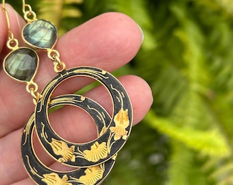 Glowing labradorite and Damascene Earrings